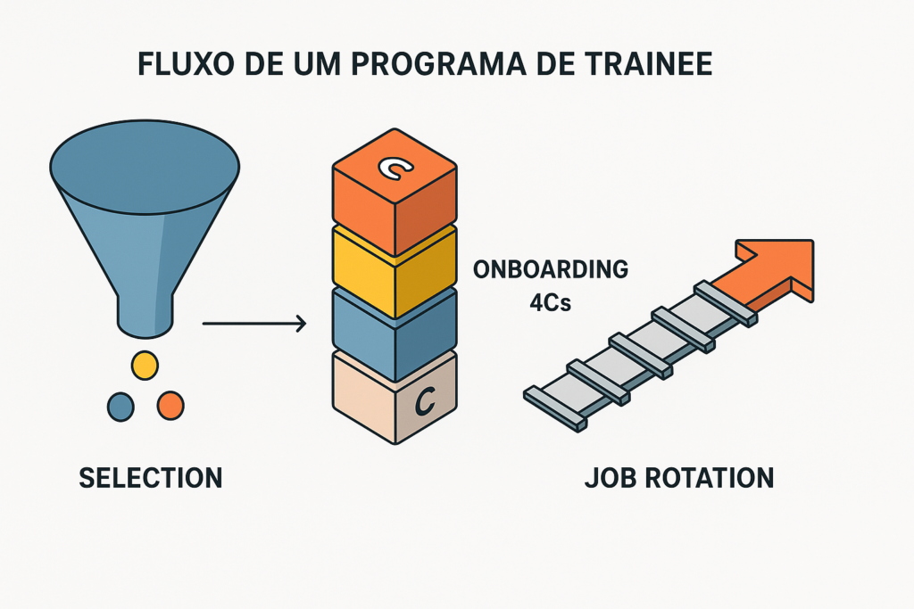Ilustração do funcionamento de um programa de trainee do processo seletivo ao job rotation