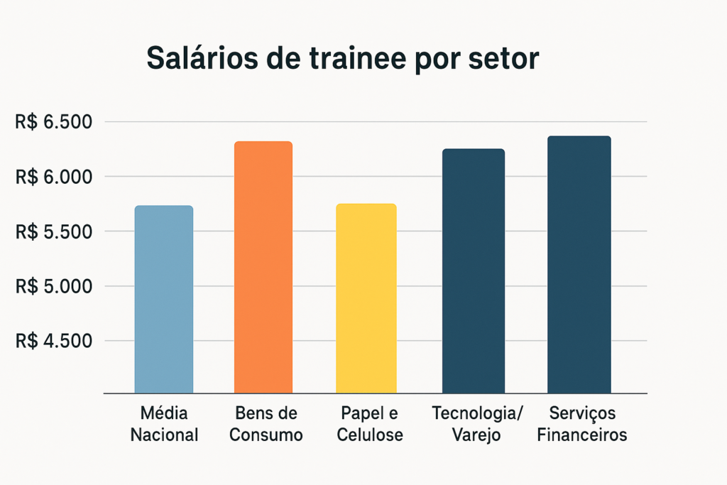 Gráfico de barras mostrando a comparação de salário de trainee por setores no Brasil