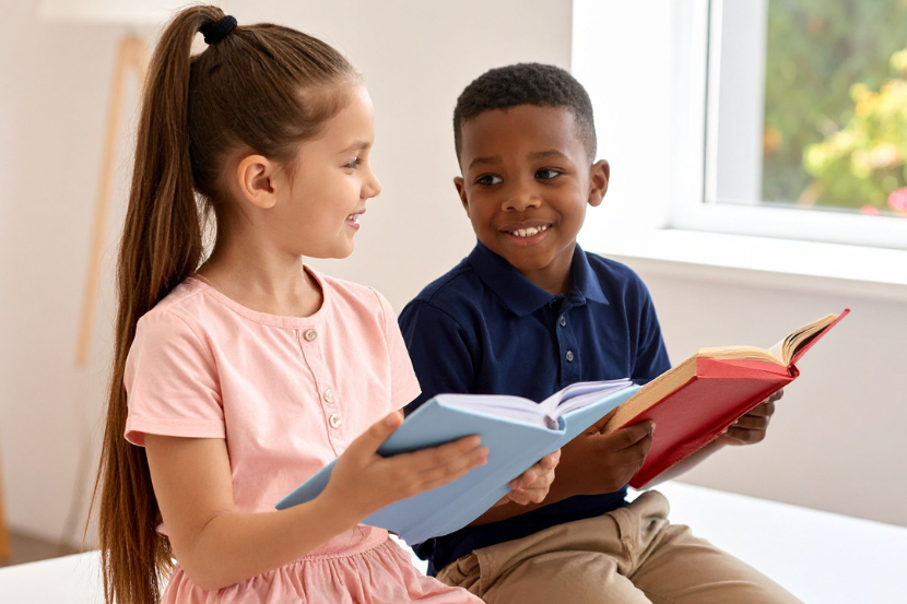 menina branca e menino negro lendo juntos