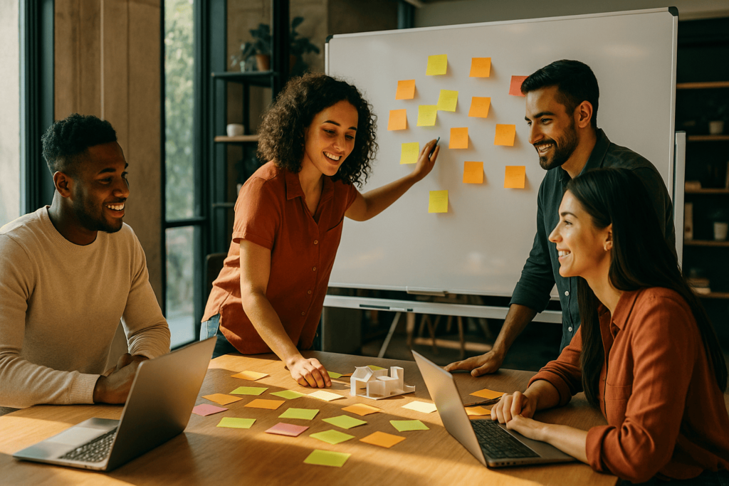 Equipe brasileira cocriando projetos de intraempreendedorismo dentro da empresa