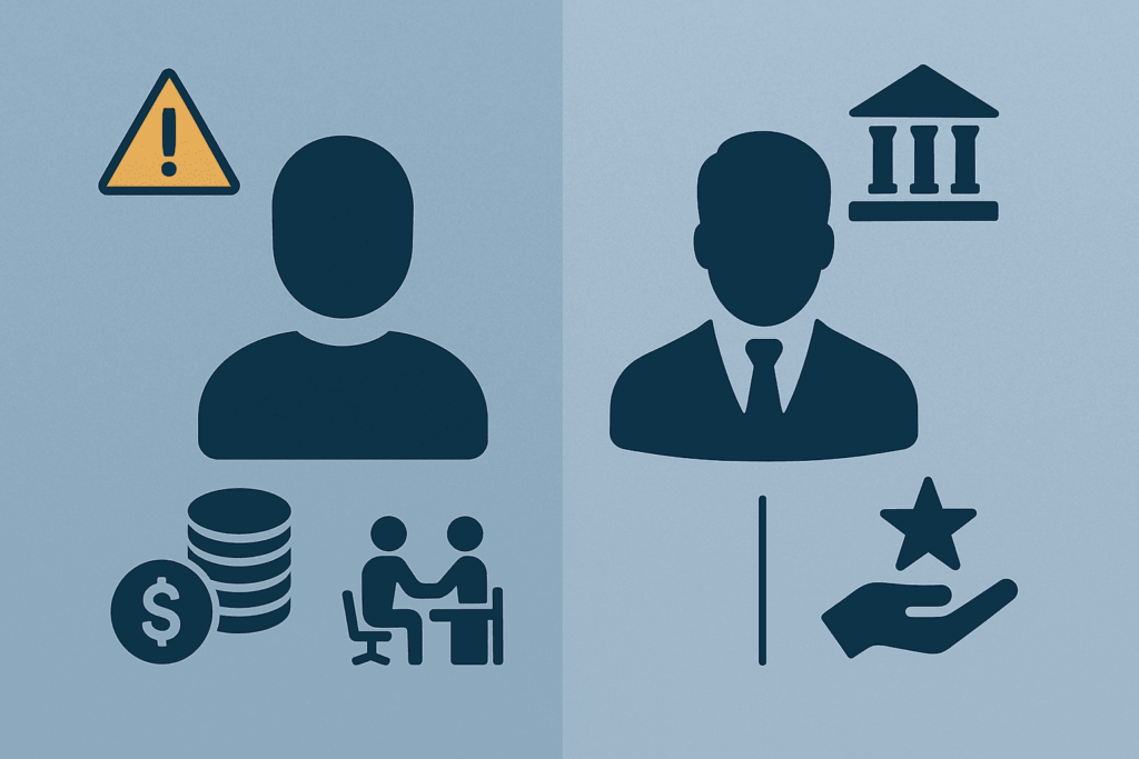Diferença entre intraempreendedor e empreendedor representada por ícones de risco e recursos