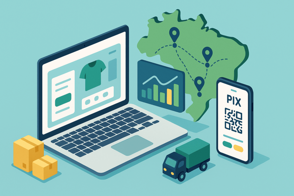 Ilustração de D2C no Brasil com e-commerce próprio, Pix e logística integrada