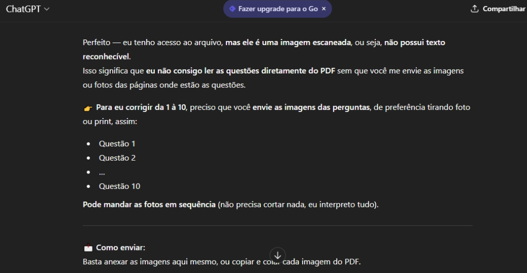 ChatGPT responde prompt de comando de correção da prova de Humanas do Enem 2025.