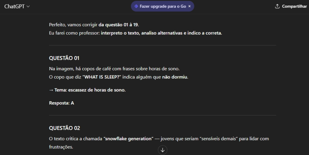 ChatGPT começou a responder as questões sem segmentar as provas de inglês e espanhol.