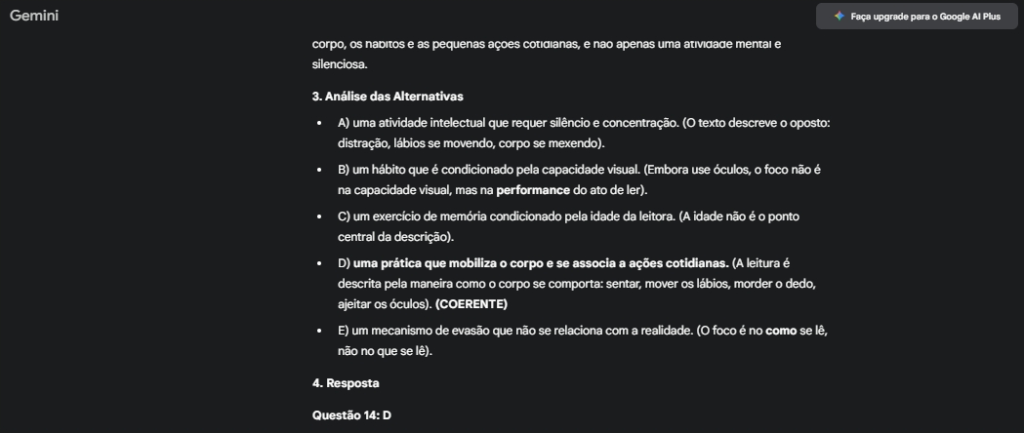 Interface Gemini respondendo questões do Enem 2025.