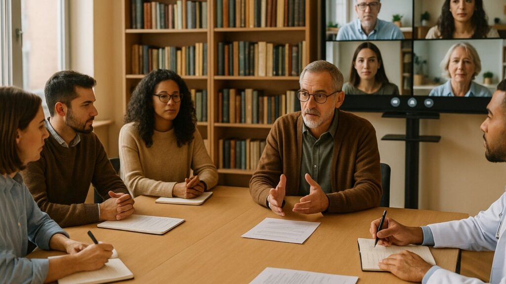 Foto grande-angular, luz natural, sala de pós-graduação moderna com tela de videoconferência durante supervisão clínica em psicoterapia psicanalítica: adultos diversos (psicólogos e médicos) ao redor de mesa com cadernos, supervisor conduzindo discussão, mosaico de chamadas ao vivo no telão, estante de livros ao fundo, notas clínicas sobre a mesa; ambiente acadêmico neutro, paleta quente, profundidade de campo rasa; sem texto, sem logotipos..