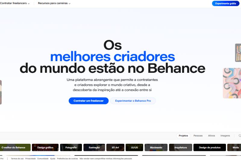 Página inicial do Behance, plataforma que conecta criadores e contratantes do mundo criativo.