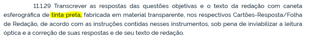 Caneta de tinta preta edital Enem 2025