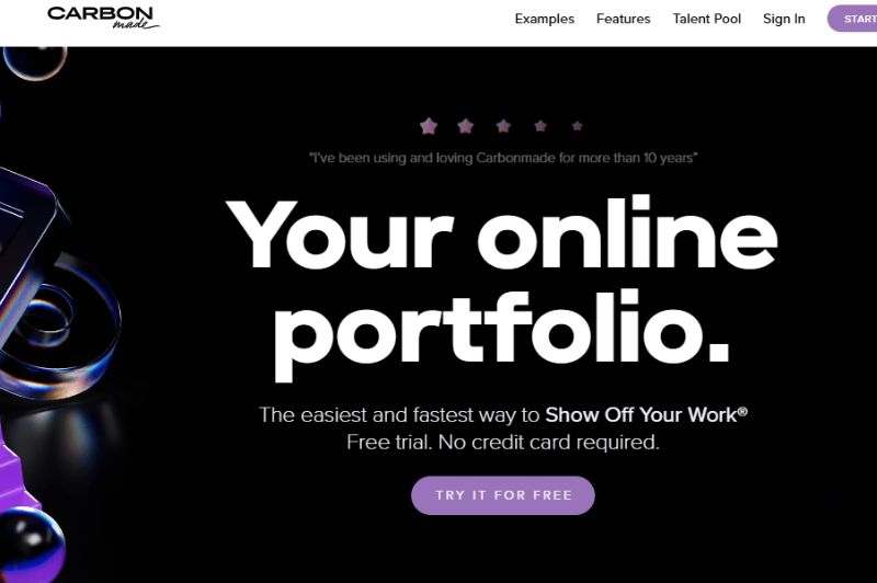 Página inicial do Carbonmade, plataforma para criar e exibir seu portfólio online de forma fácil e rápida.