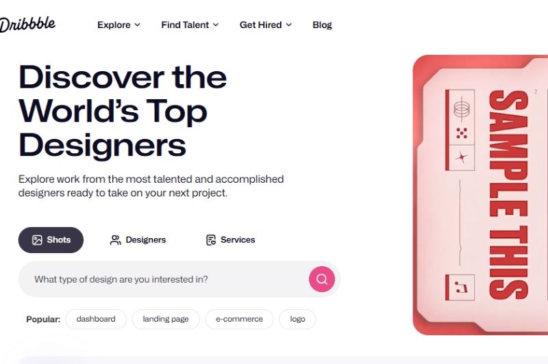 Página inicial do Dribbble, plataforma para explorar o trabalho dos principais designers do mundo.