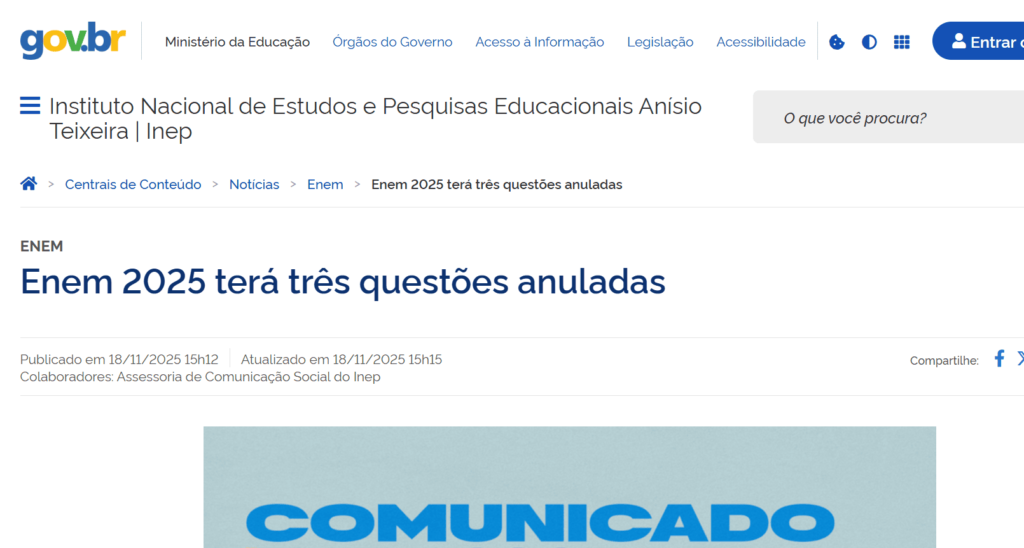 Comunicado do Inep sobre questões anuladas no Enem 2025