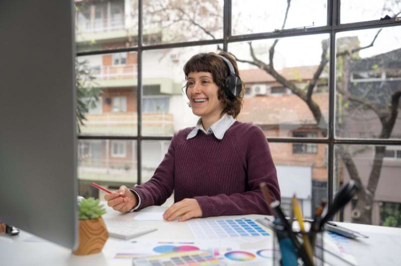 Jovem mulher em um estágio de design gráfico, usando fones de ouvido e trabalhando em computador com paleta de cores sobre a mesa.