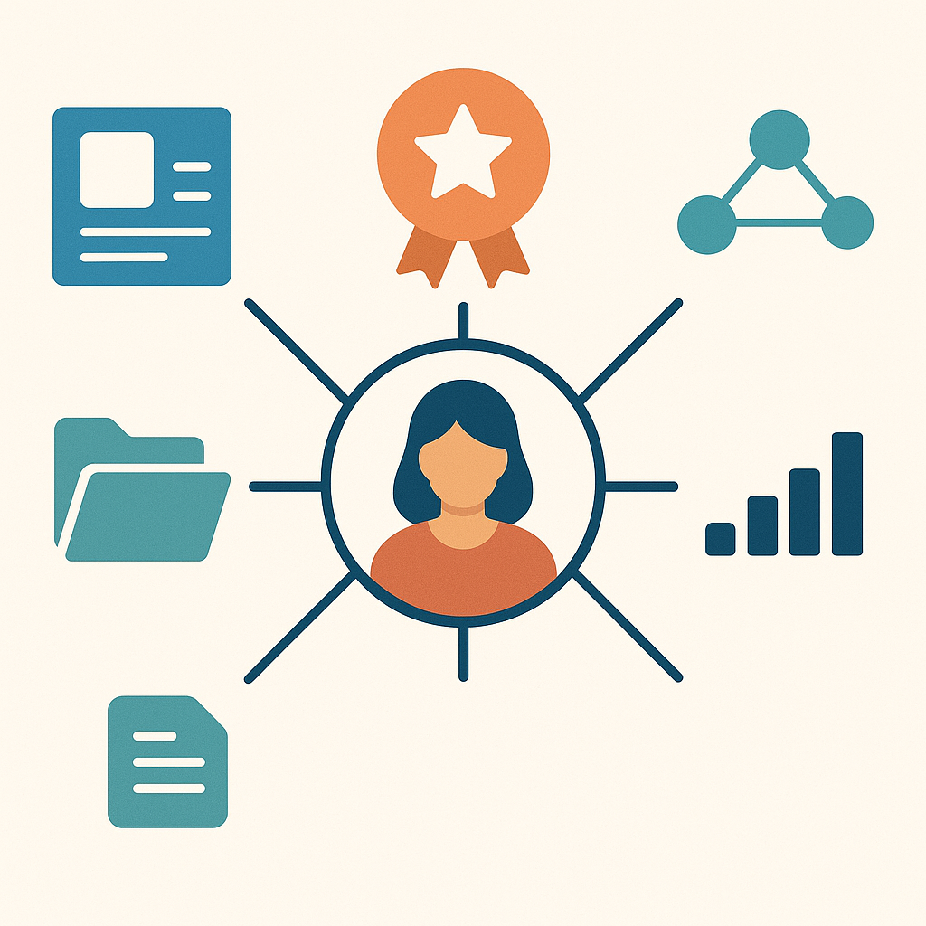 Ilustração do sistema de gestão de carreira conectando competências, projetos, rede, reputação e métricas