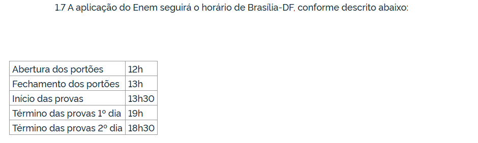reprodução do edital do Enem com o horário exato da prova de 2025