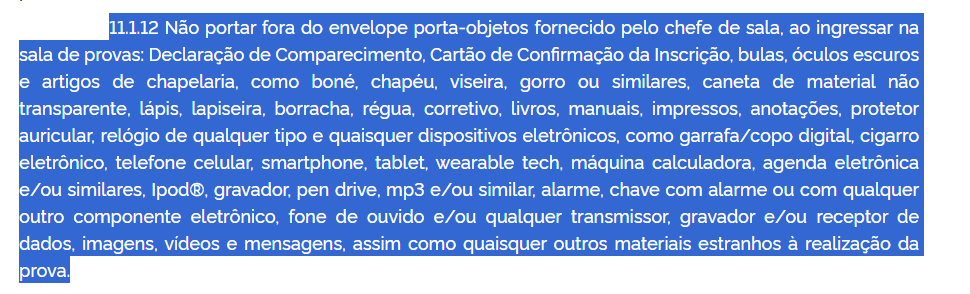Trecho do edital Enem que fala das regras de itens proibidos no enem 2025.