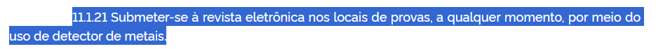 Trecho do edital Enem que fala das regras sobre a detecção de metal no Enem 2025.