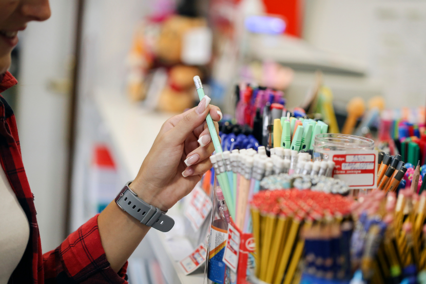 mãe comprando material escolar para ensino infantil na loja