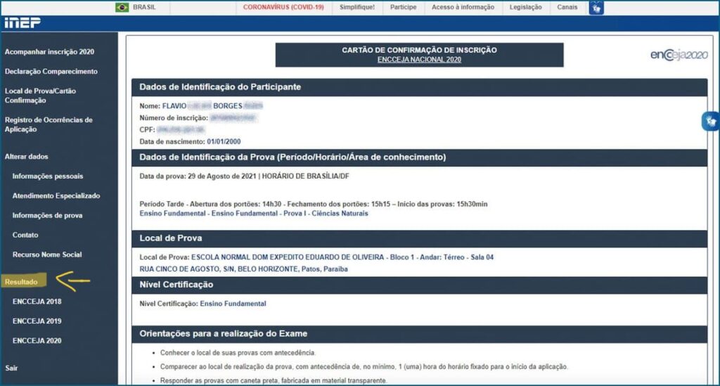 Exemplo de como aparece o resultado do Encceja