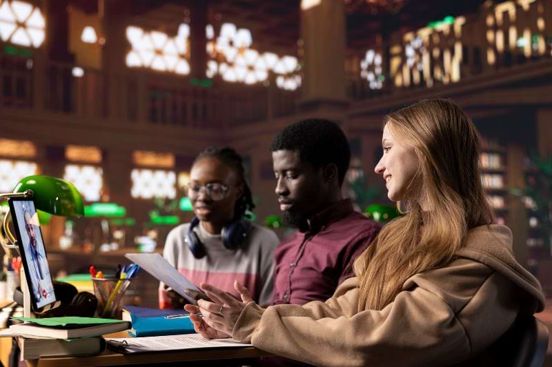 Três estudantes em uma biblioteca, discutindo sobre design gráfico, enquanto um deles assiste a uma apresentação no tablet, com materiais de estudo sobre a mesa.