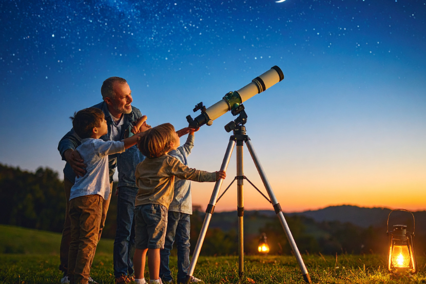 crianças no telescópio olhando o céu sobre aurora boreal e tempestade solar