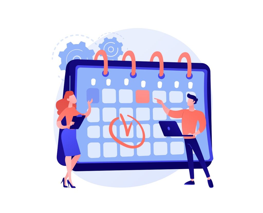 Ilustração de um calendário com pessoas planejando os feriados 2026 e a distribuição das datas ao longo do ano.