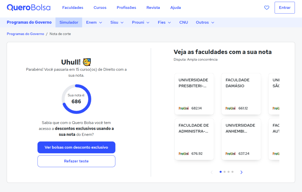 Interface do Simulador de Nota de Corte Enem da Quero Bolsa.