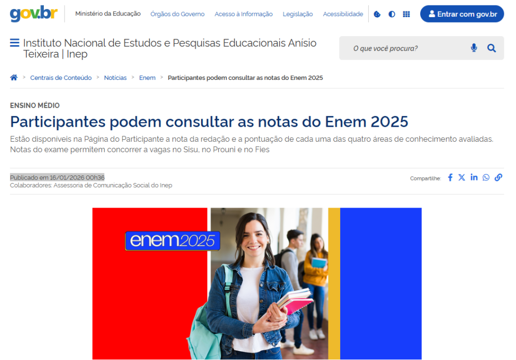 divulgação da nota do Enem 2025