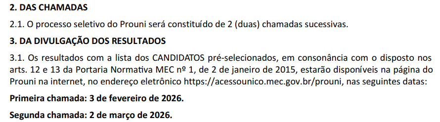 trecho do edital com a informação de quando sai o resultado do Prouni 2026.1