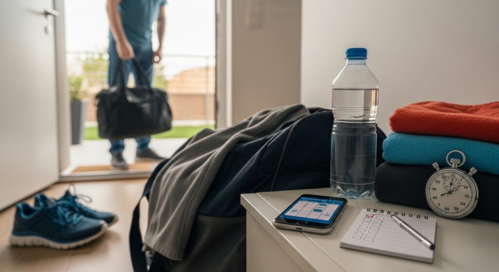 Entrada de casa com tênis, mochila pronta e garrafa de água ao lado de um celular com calendário, representando consistência na rotina de exercícios com horário fixo e Plano B.
