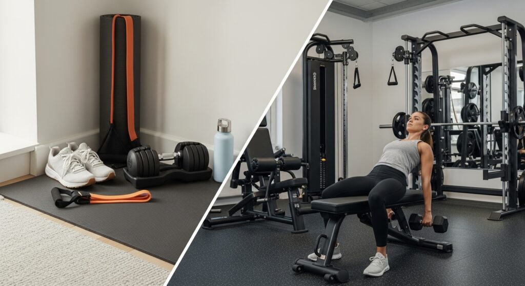 Imagem dividida mostrando treino em casa com colchonete e elástico e treino na academia com exercício básico, representando como manter a rotina de exercícios com simplicidade e repetição.