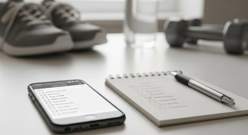 Smartphone e caderno sobre uma mesa com itens de treino ao fundo, representando a seção de perguntas frequentes sobre rotina de exercícios.