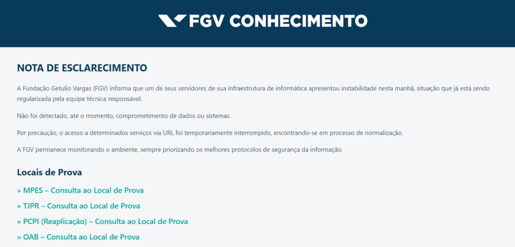 Página do site da FGV conhecimento fora do ar