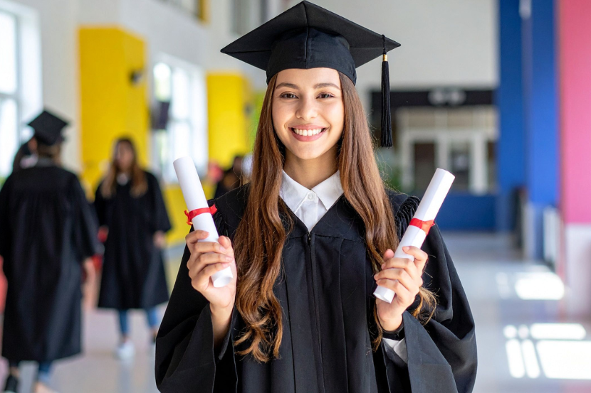 aluna com roupa de formanda e canudo na mão representando a importância da escola