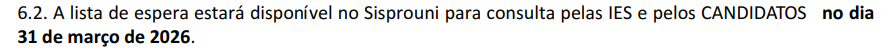 trecho do edital com as informações de onde ver o resultado da lista de espera do Prouni 2026.1