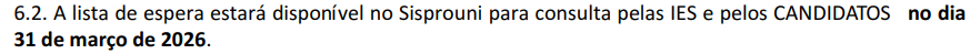 trecho do edital com informações sobre a divulgação da lista de espera do Prouni 2026.1