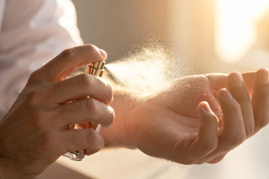 Mão de pessoa espirrando jato de perfume na outra mão; Para ser perfumista precisa de curso? Veja como se tornar e salário