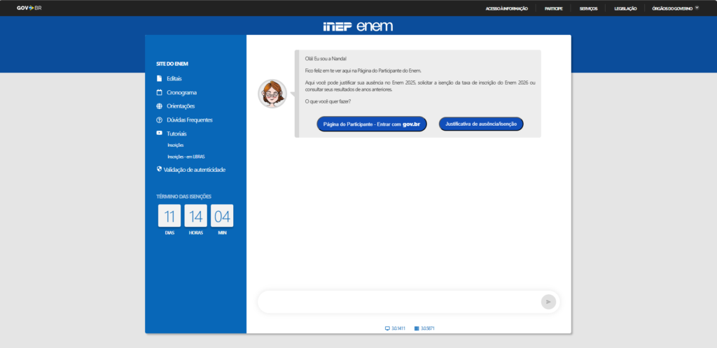 página do participante para pedir a isenção do Enem 2026