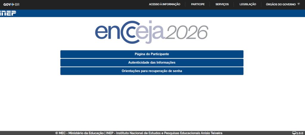 Página do participante do Encceja 2026, por onde candidatos devem fazer a inscrição.
