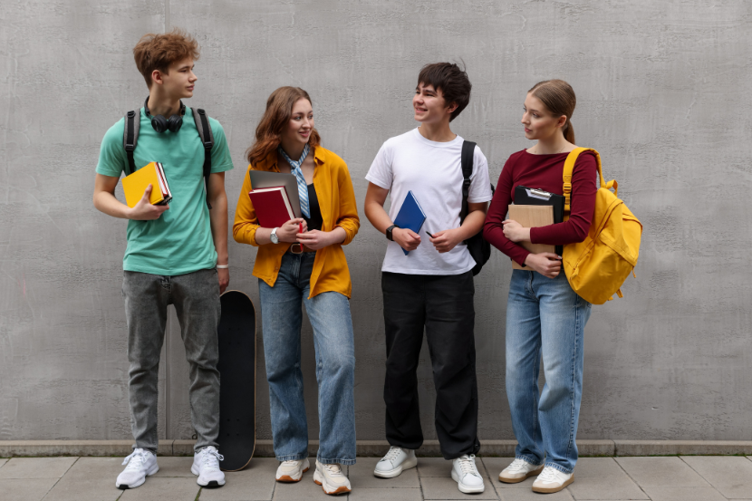 alunos do ensino médio juntos com material de estudo