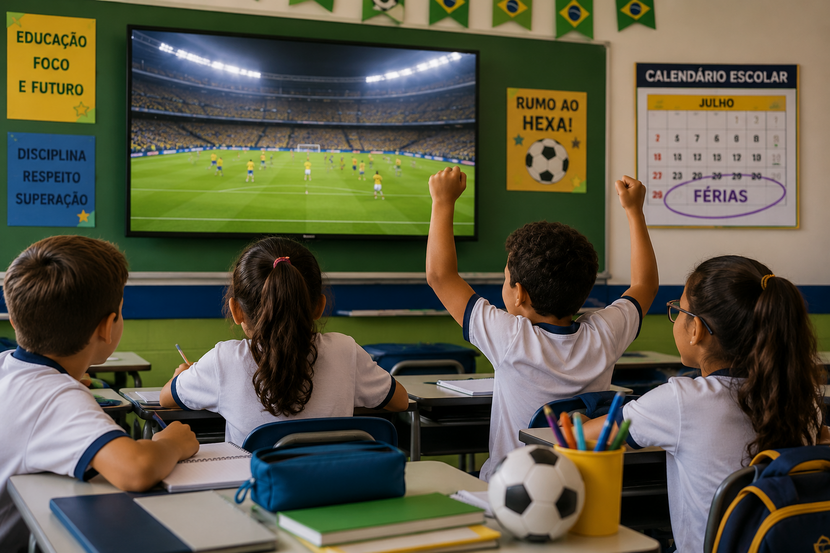 crianças assistindo jogo da copa do mundo na escola