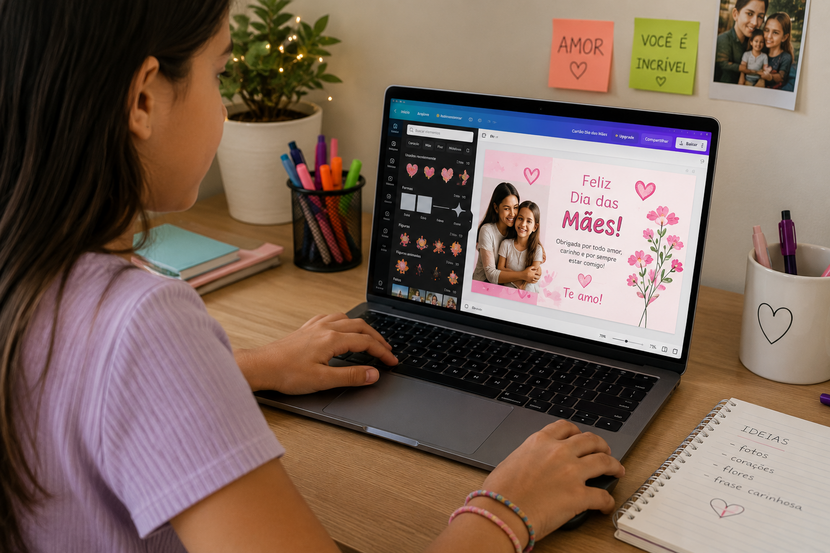 criança fazendo cartão digital de dia das mães no Canva