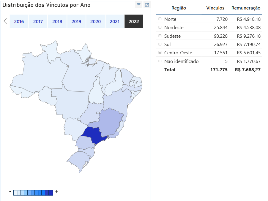 Mapa do Brasil com dados de vínculos e remuneração de gerente comercial por região, ilustrando o mercado de trabalho em Gestão Comercial.