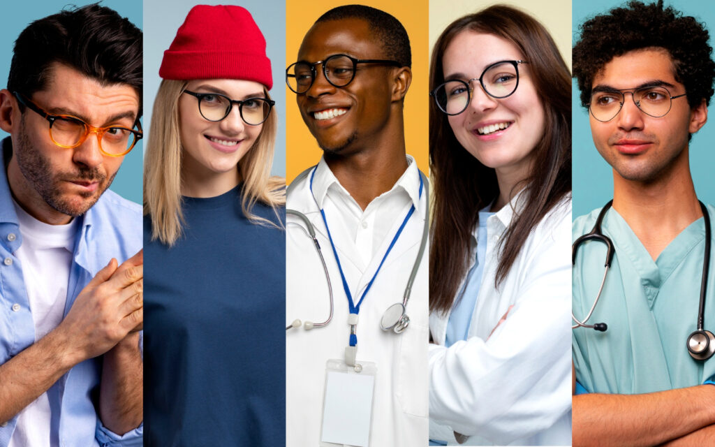 Grupo de profissionais de diferentes áreas da saúde, ilustrando 5 profissões para quem gosta de Fisioterapia, incluindo opções como Terapia Ocupacional, Educação Física, Enfermagem, Biomedicina e Medicina.