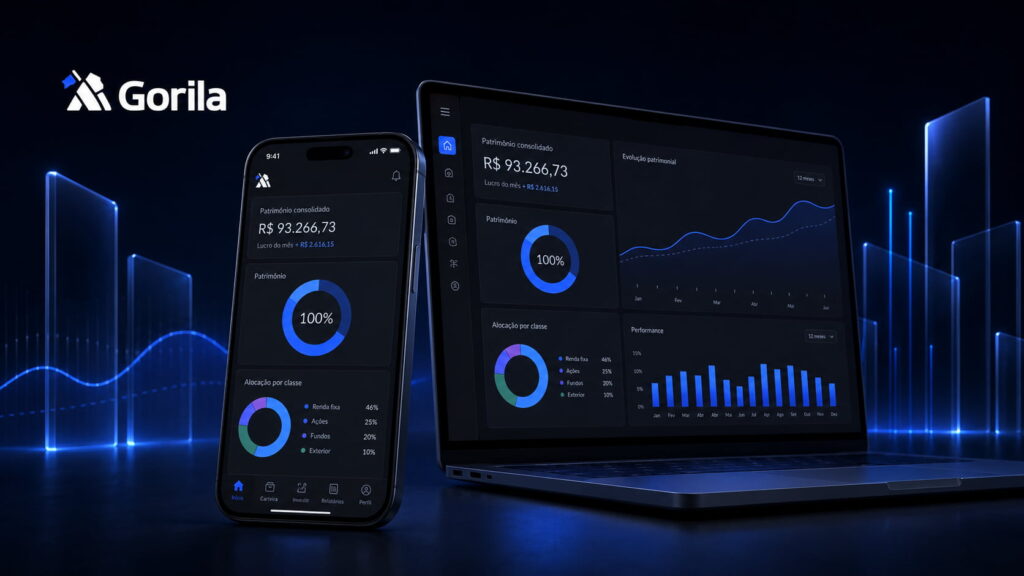 Dados de bancos, corretoras e ativos sendo consolidados em um dashboard da Gorila para análise de carteira