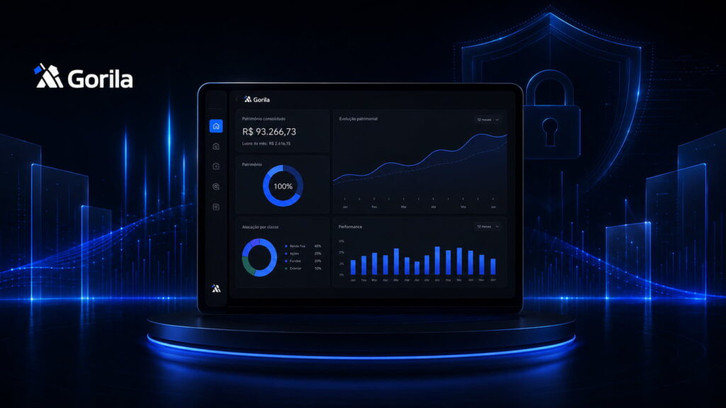 Tela da Gorila Invest com dashboard de carteira, gráficos de rentabilidade e consolidação de investimentos