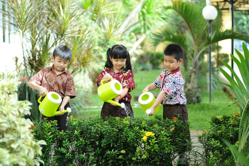 crianças regando o jardim na semana do meio ambiente