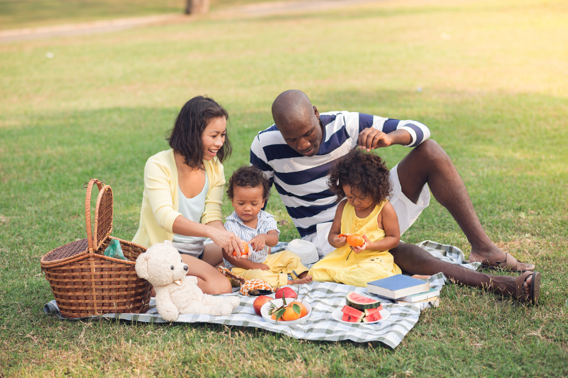 família fazendo piquenique no parque no feriado de corpus christi