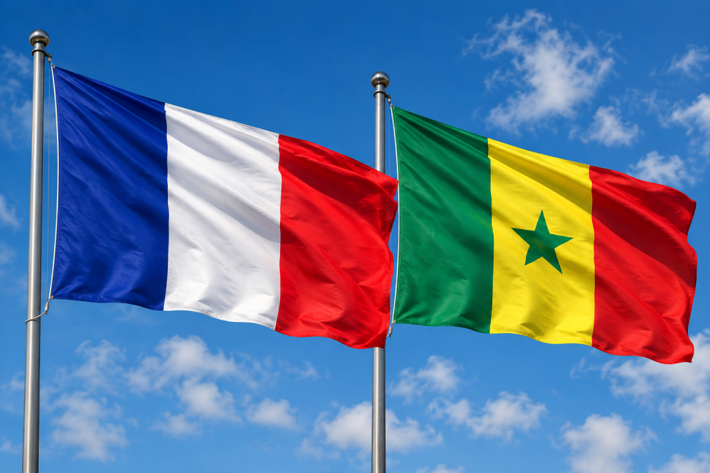 Bandeiras da França e do Senegal tremulam lado a lado sob céu azul, simbolizando o confronto França x Senegal na Copa do Mundo de 2026.