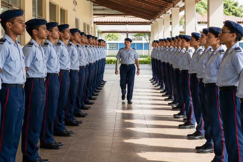 alunos enfileirados no colégio militar