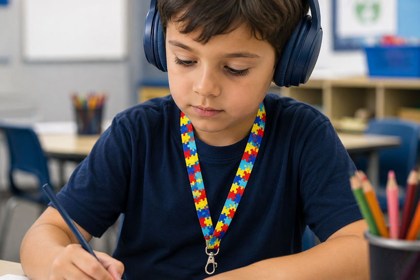menino com colar de autismo e fone
